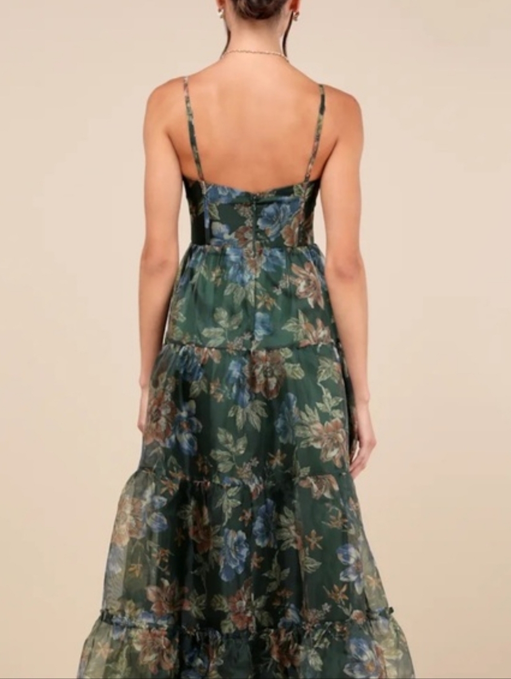 Lulu's Green Floral Maxi Dress with Blue and Brown Accents - Picture 3 of 12